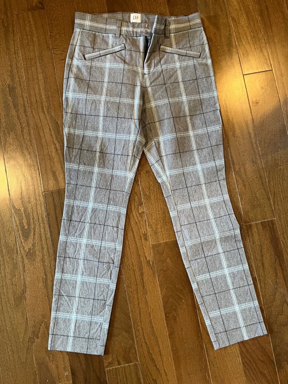 GAP Women's signature skinny ankle Gray Plaid Pants with Light Blue Windowpane